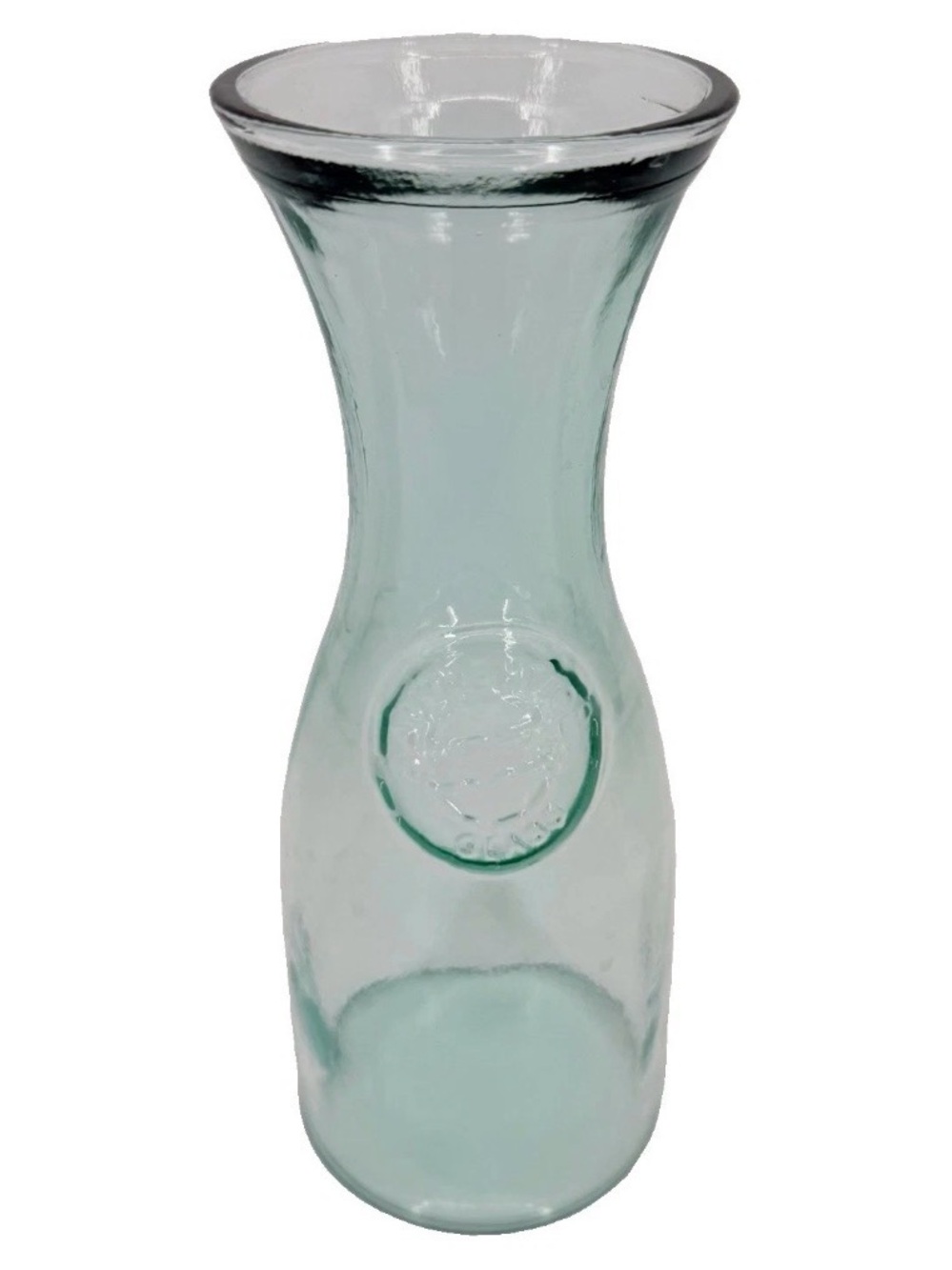 Vintage Spain Recycled Glass Carafe 10” Tall Vase Embossed Seal MCM Farmhouse